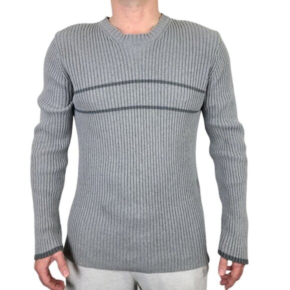 Club Monaco Gray Striped Ribbed Knit Crewneck Sweater Large - Picture 1 of 16